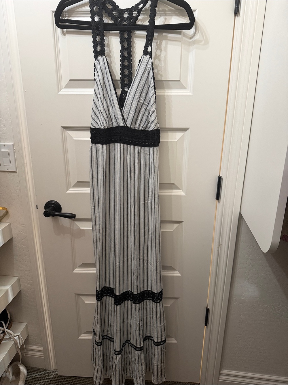 Anthropologie Black and White Striped Maxi with Crochet Lace Racerback